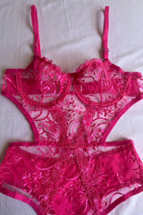 Pink Women Floral Underwire Lace Dowry Underwear Bodysuit Babydoll