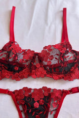 Red Women's Floral Underwire Bralet Lace Dowry Wear Bra Panties Underwear Set