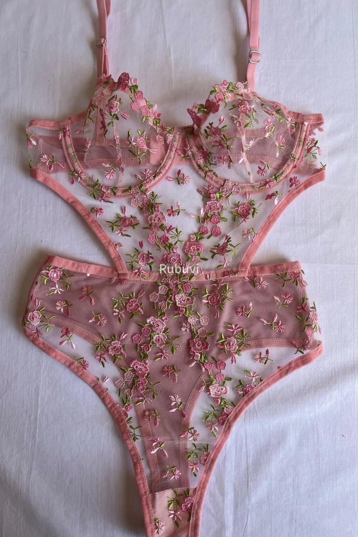 Pink Floral Underwire Lace Dowry Transparent Women's Underwear Bodysuit Babydoll