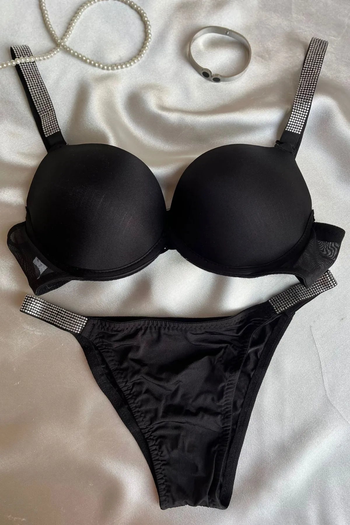 Diva Black Damen Double Push Up gepolsterte gepolsterte Bügel Stone Unterwäsche BH Höschen Unterwäsche Set