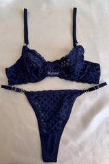 Liz Navy Blue Women Underwire Lace Bralet Dowry Underwear Bra Panties Lingerie Set