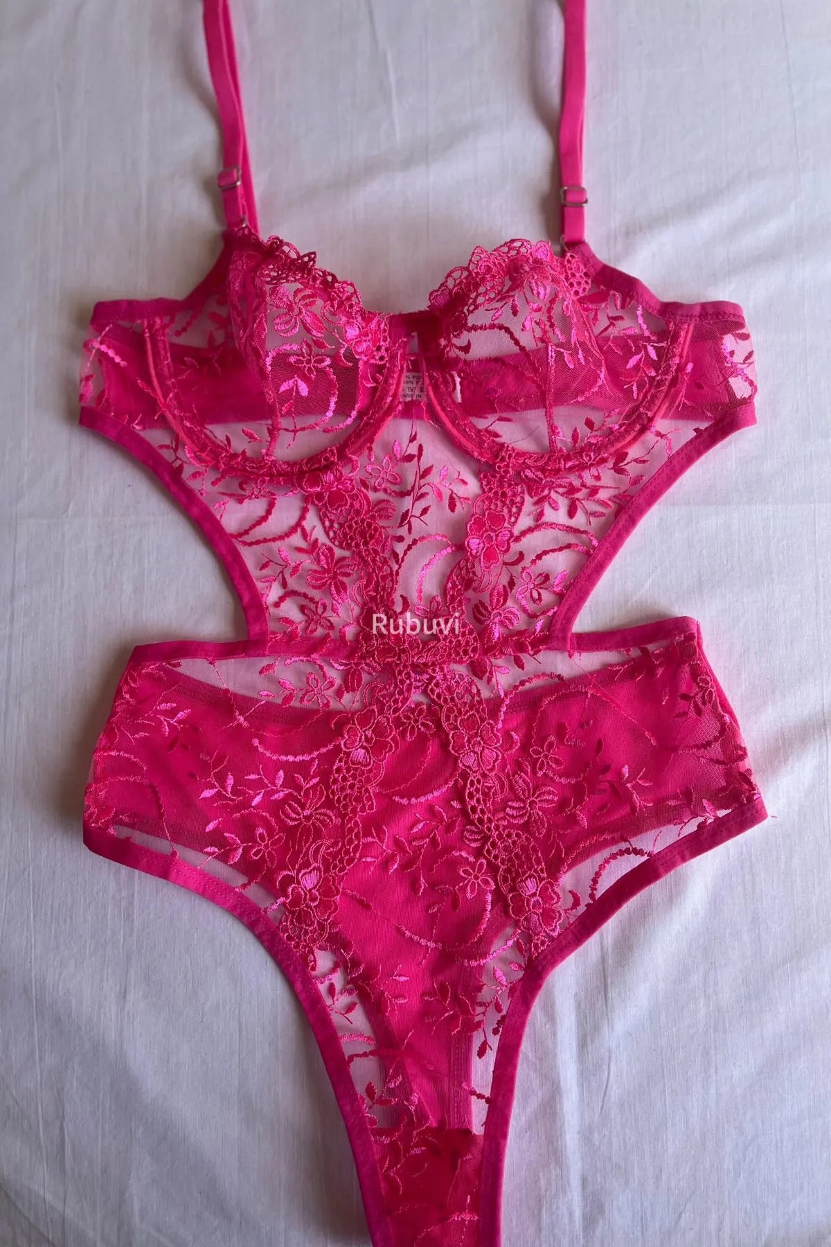 Pink Women Floral Underwire Lace Dowry Underwear Bodysuit Babydoll