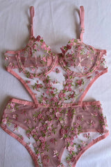 Pink Floral Underwire Lace Dowry Transparent Women's Underwear Bodysuit Babydoll