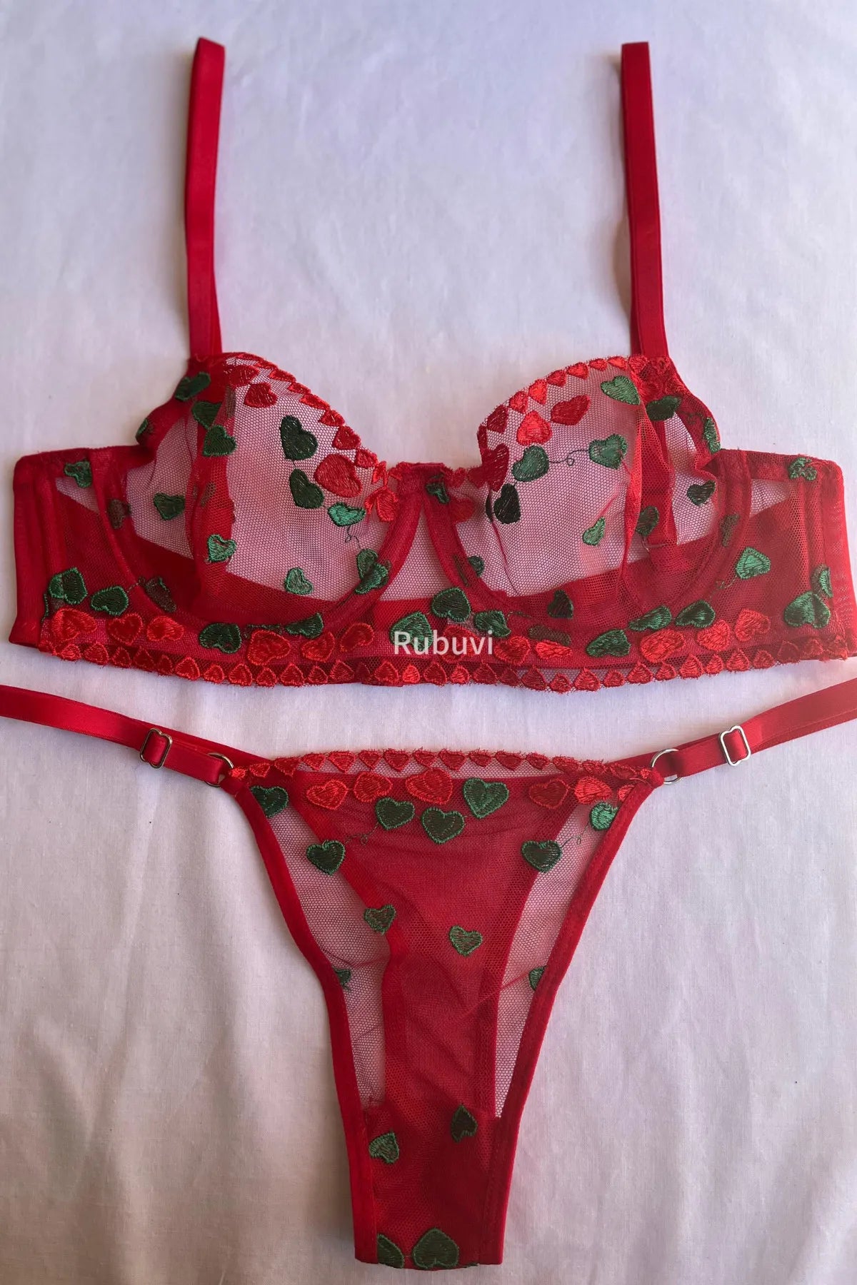 Rotes Damen-BH-Unterwäsche-Set mit grünem Herz und Bügel-Spitze-Bralette, Mitgift-Kleidung