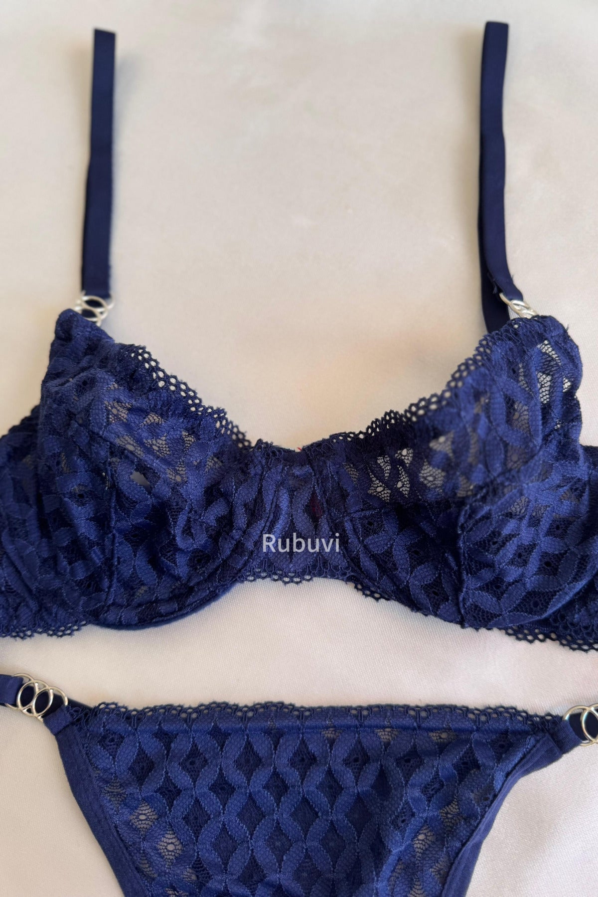 Liz Navy Blue Women Underwire Lace Bralet Dowry Underwear Bra Panties Lingerie Set