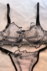 Alya Women's Black Floral Underwire Lace Tulle Embroidery Underwear Panties Bra Set Lingerie Set