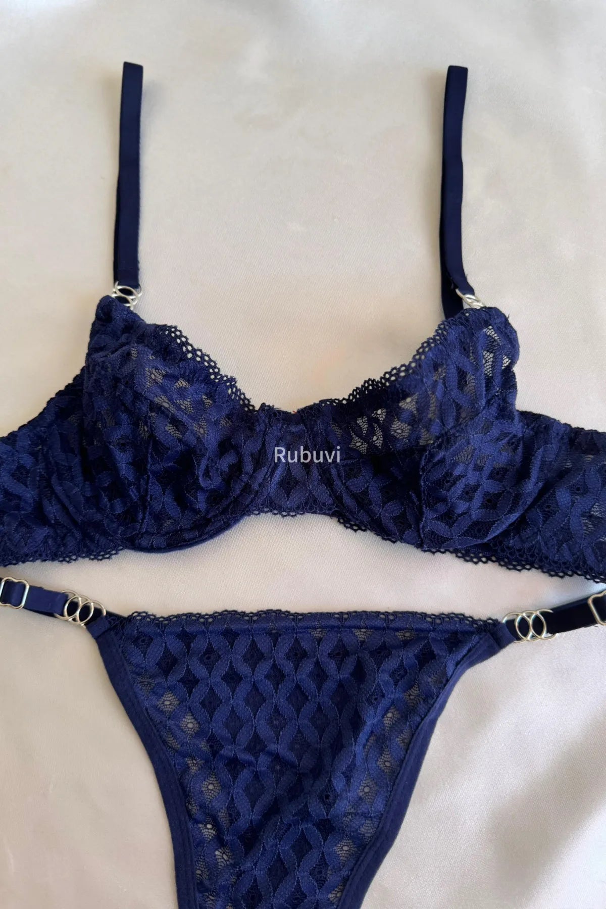 Liz Navy Blue Women Underwire Lace Bralet Dowry Underwear Bra Panties Lingerie Set