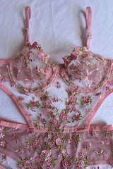 Pink Floral Underwire Lace Dowry Transparent Women's Underwear Bodysuit Babydoll