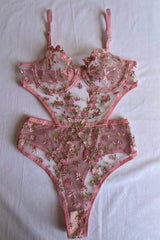 Pink Floral Underwire Lace Dowry Transparent Women's Underwear Bodysuit Babydoll