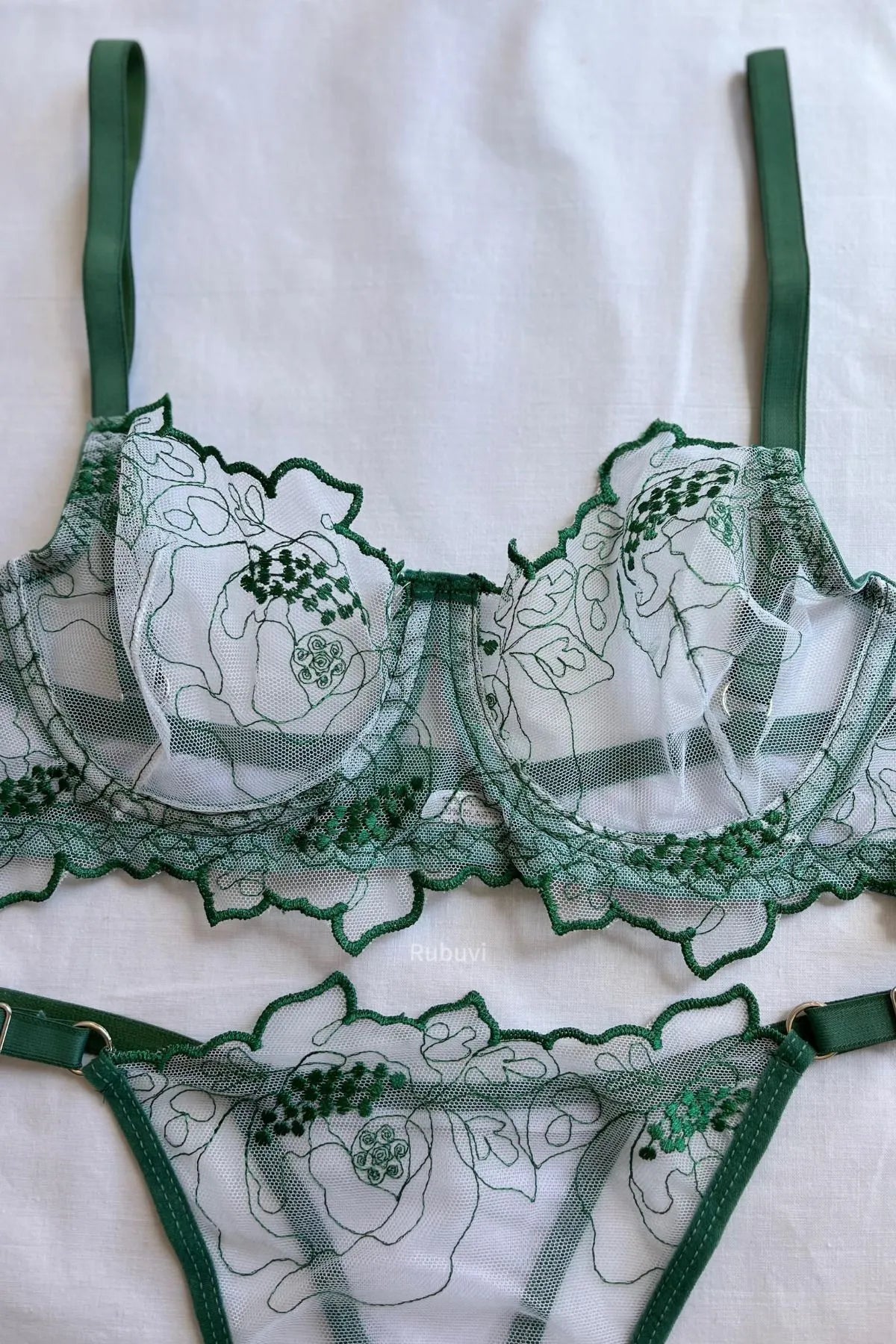 Alya Women's Green Floral Underwire Lace Tulle Embroidery Underwear Panties Bra Set Lingerie Set