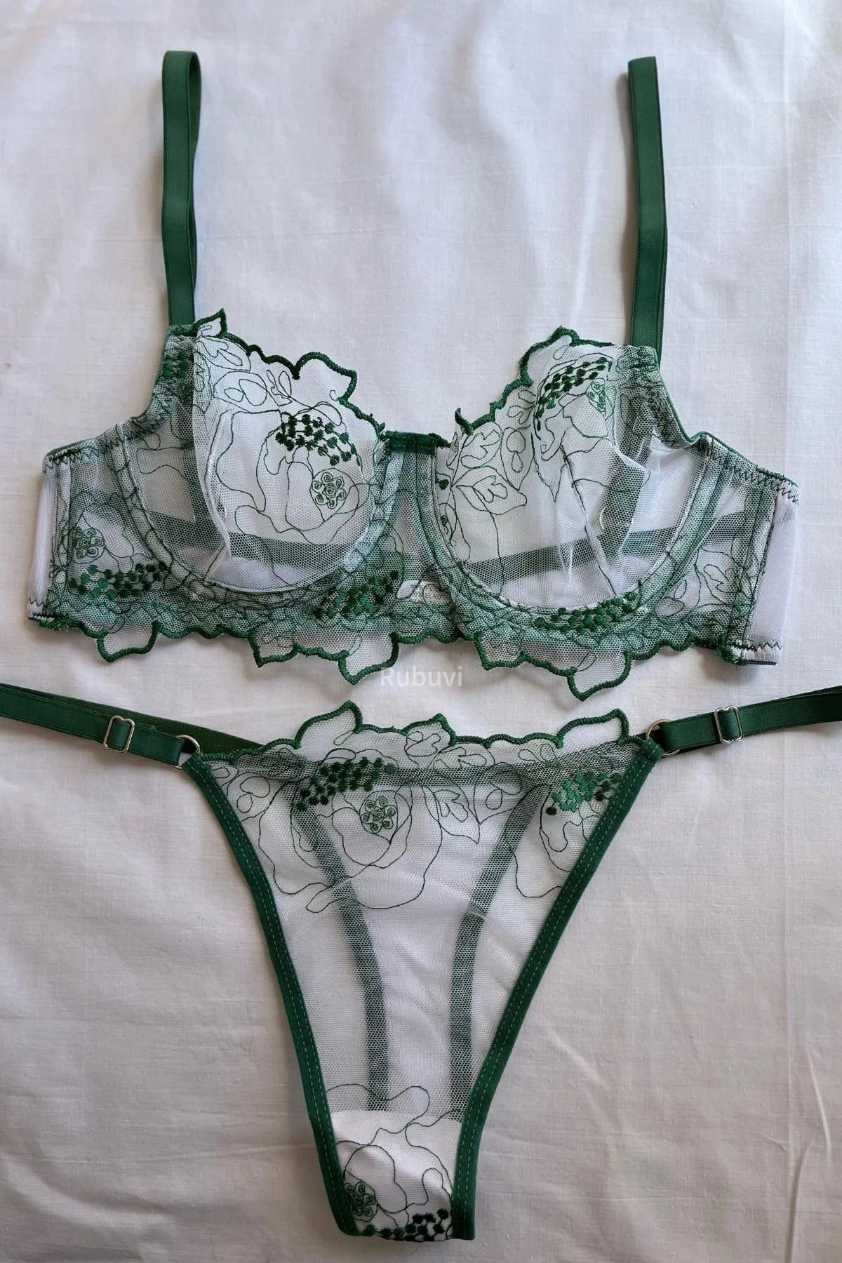 Alya Women's Green Floral Underwire Lace Tulle Embroidery Underwear Panties Bra Set Lingerie Set