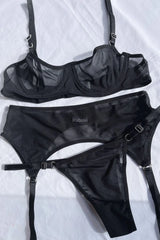 Jade Women Black Transparent Underwire Tulle Underwear Panties Bra Garter Set