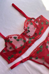 Rotes Damen-BH-Unterwäsche-Set mit grünem Herz und Bügel-Spitze-Bralette, Mitgift-Kleidung