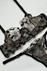 Alya Black Women Floral Underwire Lace Dowry Sexy Fantasy Underwear Bra Panties Lingerie Set