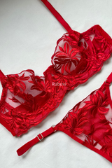 Red Women's Rose Underwire Lace Tulle Embroidery Underwear Panties Bra Set Lingerie Set