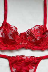 Red Women's Rose Underwire Lace Tulle Embroidery Underwear Panties Bra Set Lingerie Set