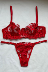 Red Women's Rose Underwire Lace Tulle Embroidery Underwear Panties Bra Set Lingerie Set