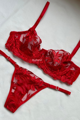 Red Women's Rose Underwire Lace Tulle Embroidery Underwear Panties Bra Set Lingerie Set