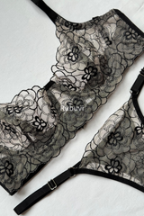 Alya Black Women Floral Underwire Lace Dowry Sexy Fantasy Underwear Bra Panties Lingerie Set