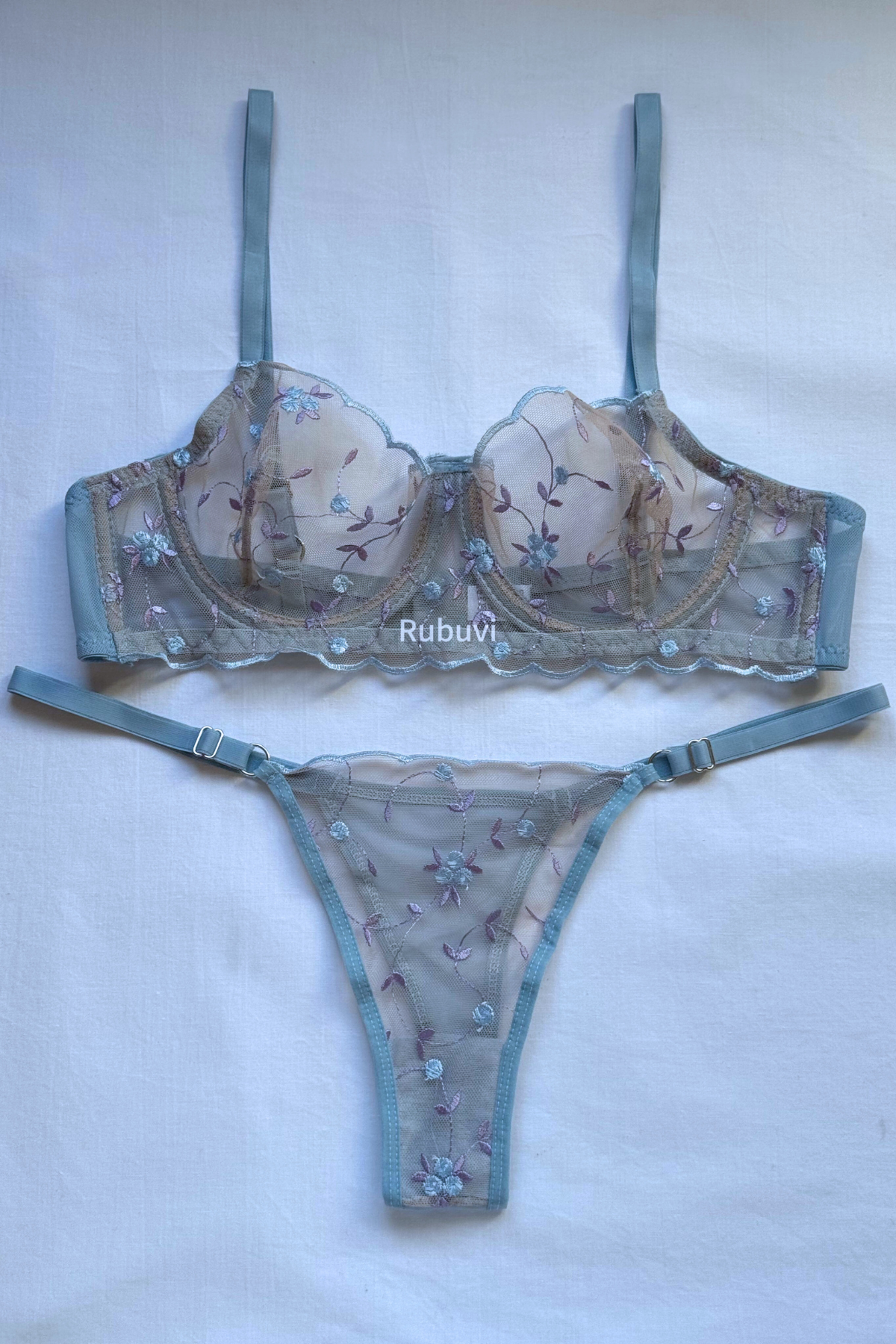 Star Women Blue Floral Underwire Lace Tulle Brode Dowry Underwear Panties Bra Set Lingerie Set