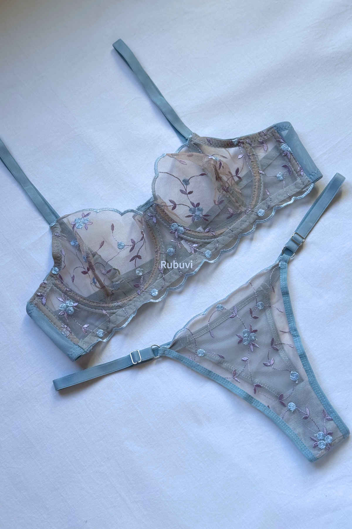 Star Women Blue Floral Underwire Lace Tulle Brode Dowry Underwear Panties Bra Set Lingerie Set