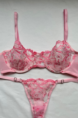 Pink Women's Floral Underwire Lace Non-Padded Bralette Clothing Bra Panties Underwear Set