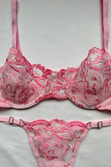 Pink Women's Floral Underwire Lace Non-Padded Bralette Clothing Bra Panties Underwear Set