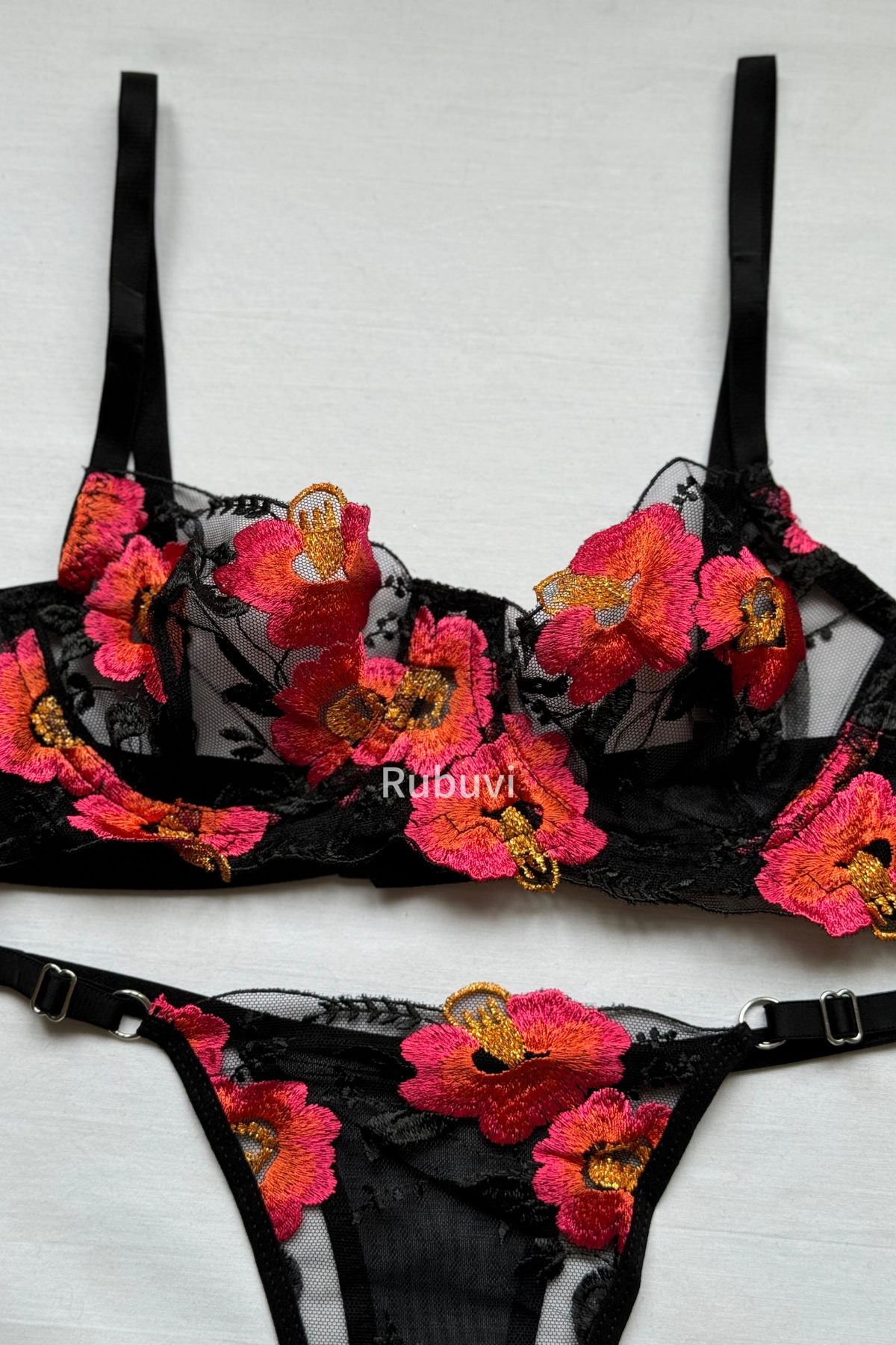 Alya Black Women Floral Underwire Lace Dowry Sexy Fantasy Underwear Bra Panties Lingerie Set