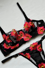 Alya Black Women Floral Underwire Lace Dowry Sexy Fantasy Underwear Bra Panties Lingerie Set