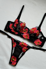 Alya Black Women Floral Underwire Lace Dowry Sexy Fantasy Underwear Bra Panties Lingerie Set